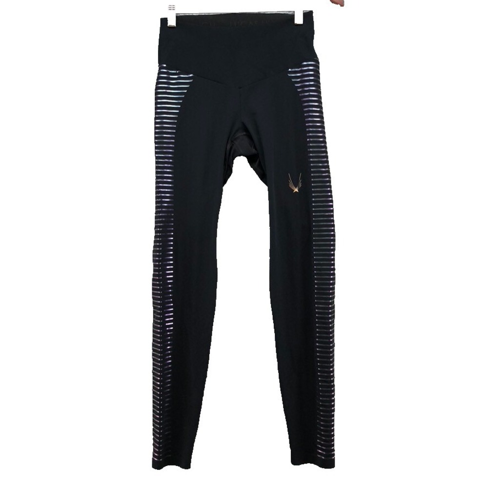 Lucas Hugh Leggings Womens Small Black Metallic Stripe Short Lined Activewear